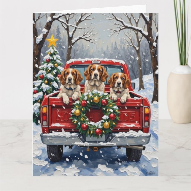Tarjeta Camioneta Roja de Navidad Brittany Spaniel Vacacio (Anverso)