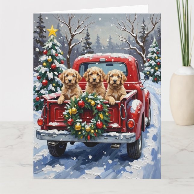 Tarjeta Camioneta Roja de Navidad Cockapoo Fiesta (Anverso)