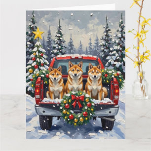Tarjeta Camioneta Roja de Navidad Shiba Inu Vacaciones