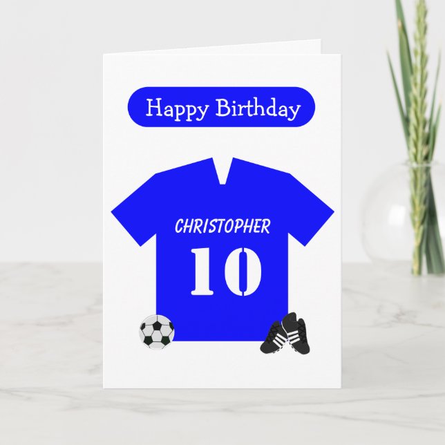 Tarjeta Camisa de fútbol azul personalizada 10 años (Anverso)