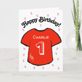 Tarjeta camisa roja de fútbol de primer cumpleaños de niño