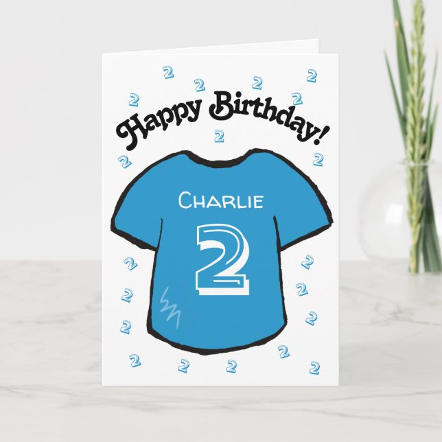 Tarjeta camiseta azul de 2º cumpleaños del niño (Anverso)