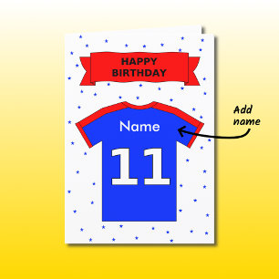 Tarjeta camiseta azul rojo de 11 años añada un nombre