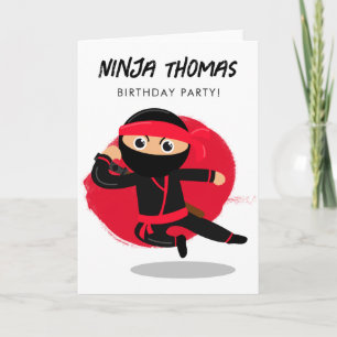Tarjeta Camiseta de cumpleaños de ninja lindo negro rojo p