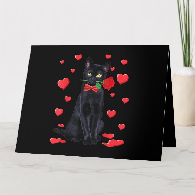 Tarjeta Camiseta de San Valentín de gato negro con rosa (Anverso)