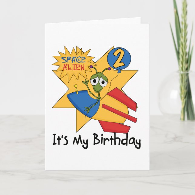 Tarjeta Camisetas y regalos de 2º cumpleaños de Space Alie (Anverso)