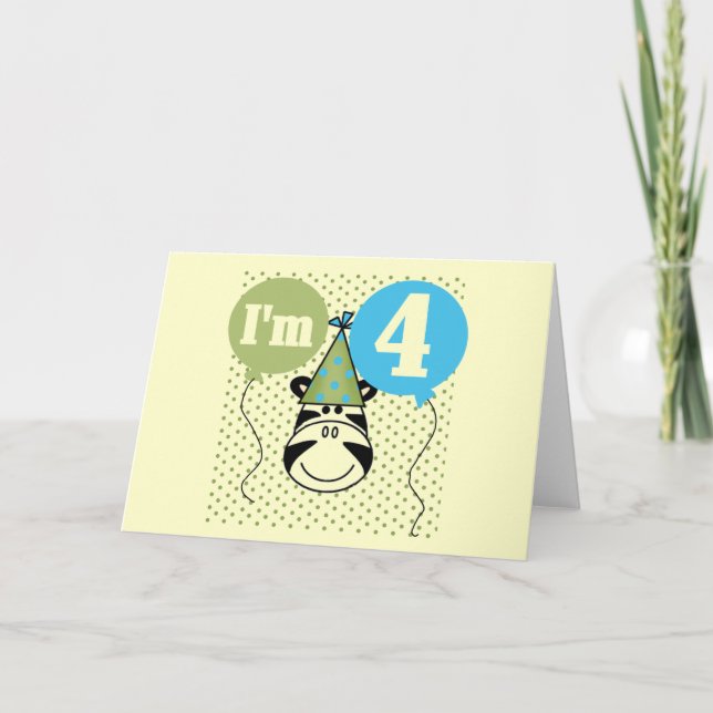 Tarjeta Camisetas y regalos de cuarto cumpleaños de cebra (Anverso)