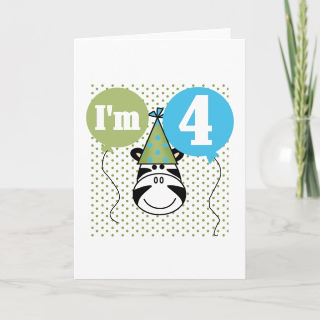 Tarjeta Camisetas y regalos de cuarto cumpleaños de cebra (Anverso)