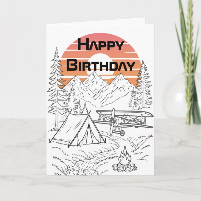 Tarjeta Campamento de aviones, montañas, puesta del sol, c (Anverso)