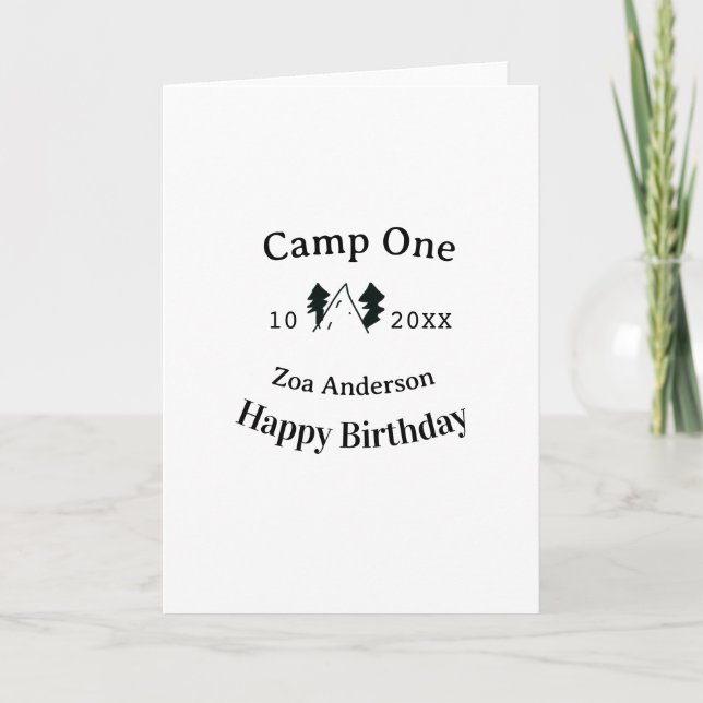Tarjeta Campamento un feliz cumpleaños nombre fecha campin (Anverso)