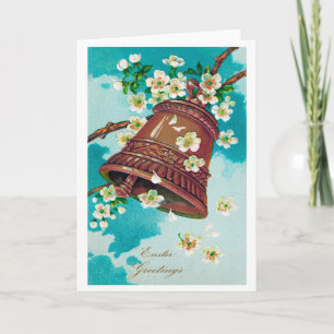 Tarjeta Campana de Pascua antigua y flores de cerezo
