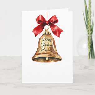 Tarjeta Campana Dorada de Navidad con Lazo Rojo