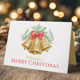 Tarjeta Campanas doradas acuarela verde rojo feliz Navidad