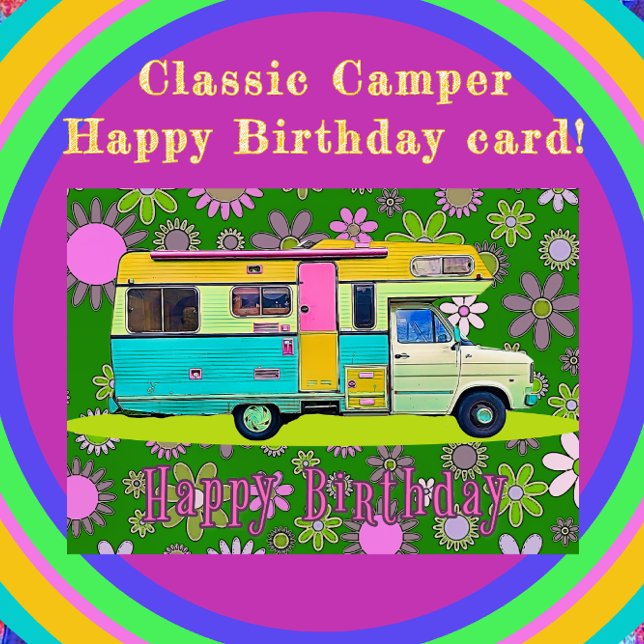 Tarjeta Camper de entrenador retro y flores de sangre feli (Subido por el creador)