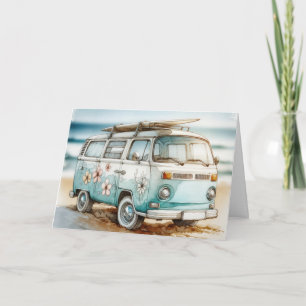 Tarjeta Campervan Retro De Nacimiento Con Surfboard