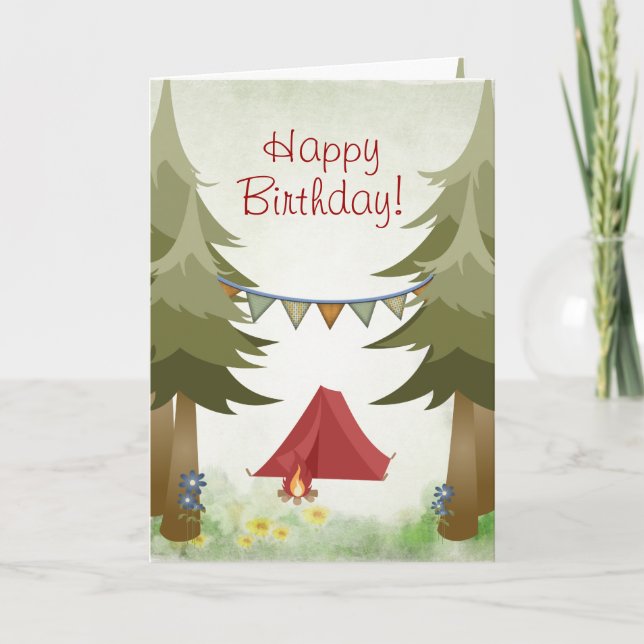 Tarjeta Camping, Tienda, Fogata, Flores Cumpleaños de Wood (Anverso)