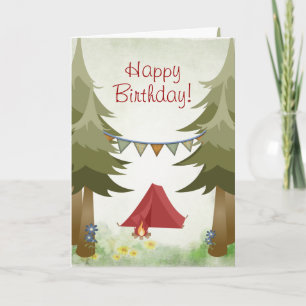 Tarjeta Camping, Tienda, Fogata, Flores Cumpleaños de Wood