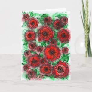 Tarjeta Campo de Amapolas Rojas Arte Botánico Acuarela Lín