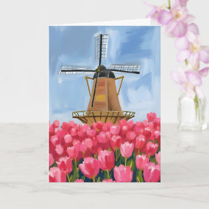 Tarjeta Campo de flores de tulipanes molino de viento hola