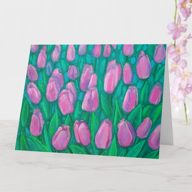 Tarjeta Campo de Tulipanes Rosas, Pintura Floral de Flores (Orquídea)