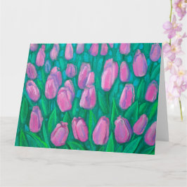 Tarjeta Campo de Tulipanes Rosas, Pintura Floral de Flores