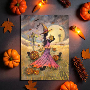 Tarjeta Campos de Octubre Bruja de Halloween y Gatos Fanta