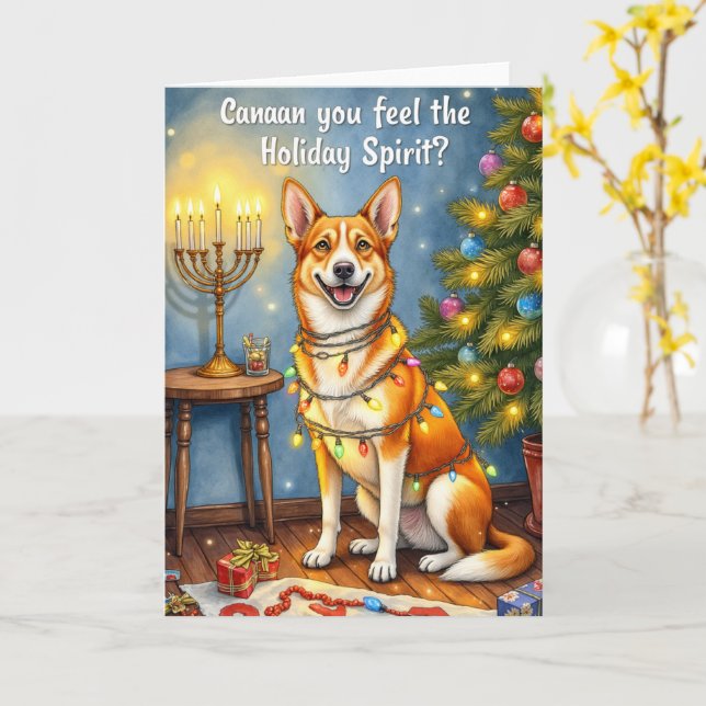 Tarjeta Canaan Dog Navidades Funny Holiday Pun Saludo (flor amarilla)