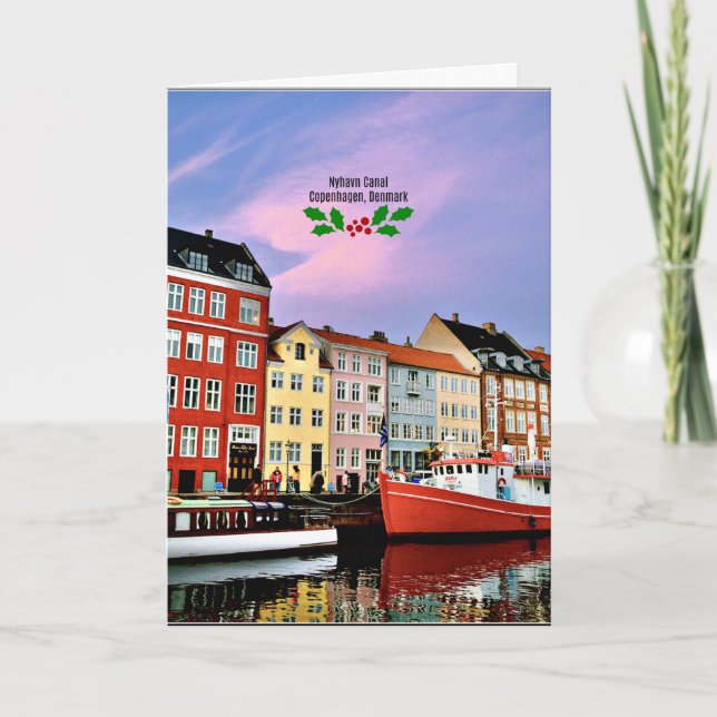 Tarjeta Canal de Nyhavn, Copenhague, Dinamarca, Navidad (Anverso)