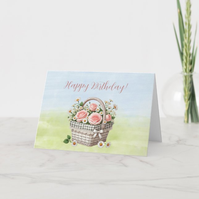 Tarjeta Canasta de Cumpleaños de Rosas Rosadas (Anverso)