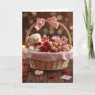 Tarjeta Canasta Romántica de Rosa Teddy Saludo de Amor de 