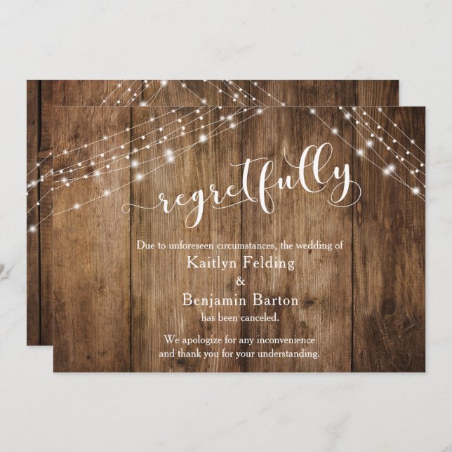 Tarjeta Cancelada Rustic Wood & Lights lamentablem (Anverso / Reverso)