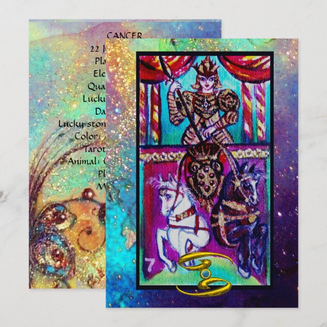 TARJETA CÁNCER, CHARIOT TAROT ASTROLOGY ZODIAC CUMPLEAÑOS (Anverso / Reverso)