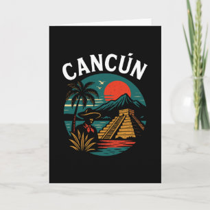 Tarjeta Cancún México Vacaciones Retro Atardecer Pirámide