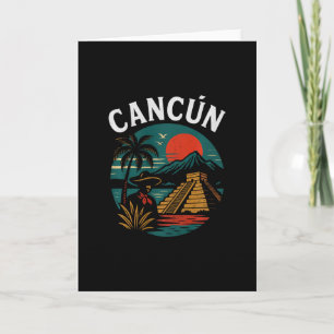 Tarjeta Cancún México Vacaciones Retro Atardecer Pirámide