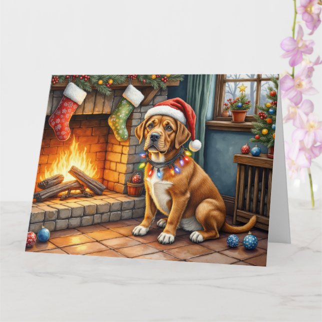 Tarjeta Cane Corso Chimenea con Luces de Navidad (Orquídea)