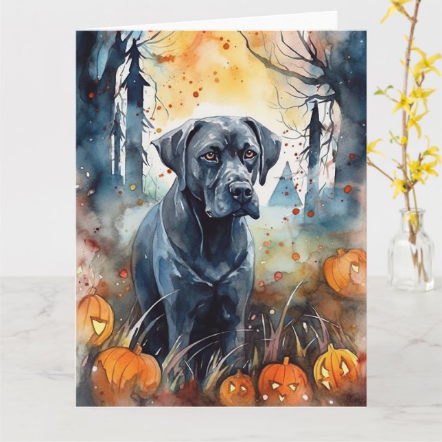 Tarjeta Cane Corso de Halloween con calabazas espeluznante (flor amarilla)