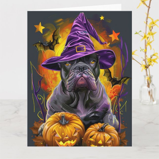 Tarjeta Cane Corso de Halloween espeluznante con bruja y c (flor amarilla)