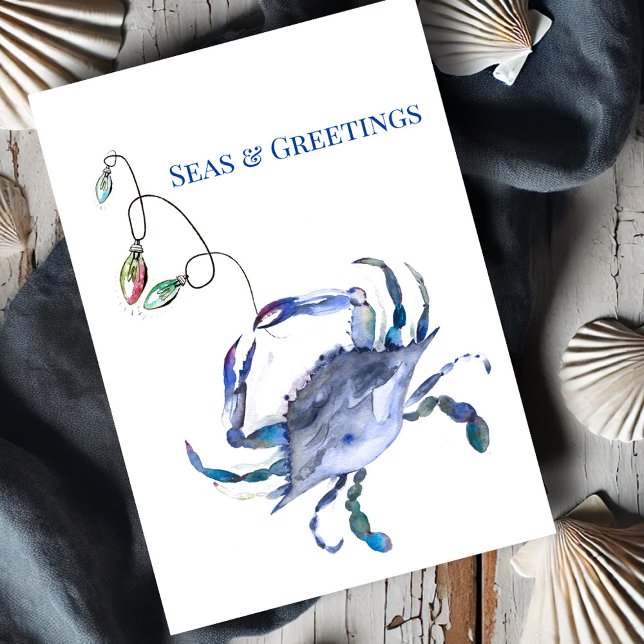 Tarjeta Cangrejo Azul Costero Acuarela Navidad de Playa (Beach Christmas cards watercolor blue crab and holiday lights by Victoria Grigaliunas DoTellABelle)