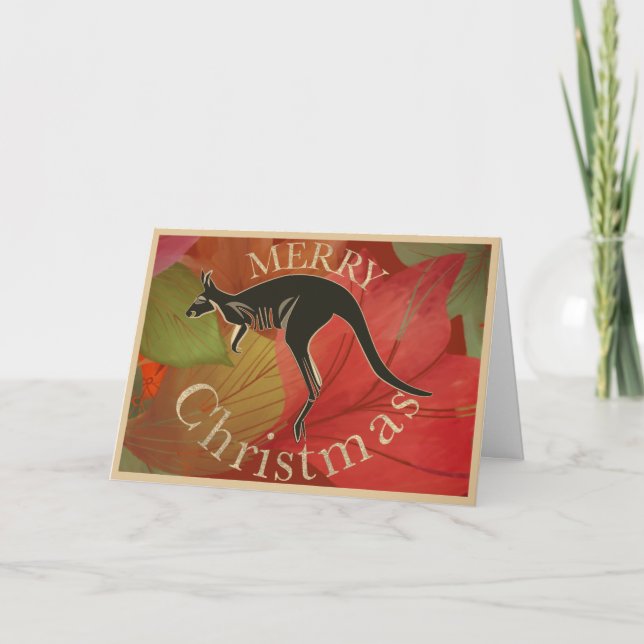 Tarjeta Canguro australiano Merry Christmas gold script (Anverso)