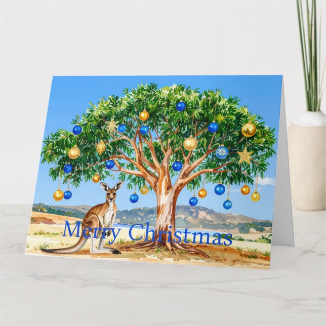 Tarjeta Canguro bajo gumtree con Navidades baubles (Anverso)
