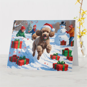 Tarjeta Caniche corriendo en la nieve con sombrero de Navi
