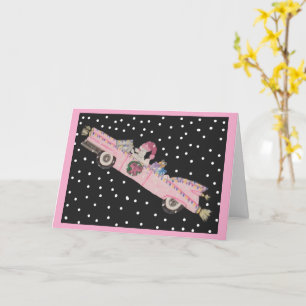 Tarjeta Caniche en Navidad en un convertible rosa