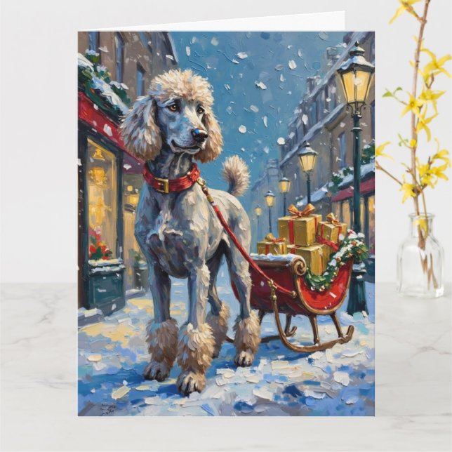 Tarjeta Caniche estándar Trineo francés Navidad (flor amarilla)