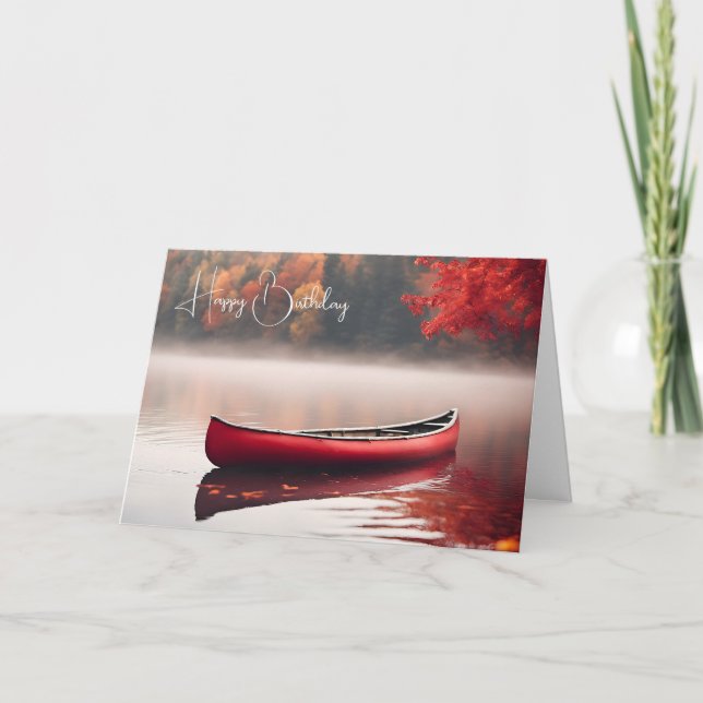 Tarjeta Canoa roja de cumpleaños en el lago de otoño (Anverso)