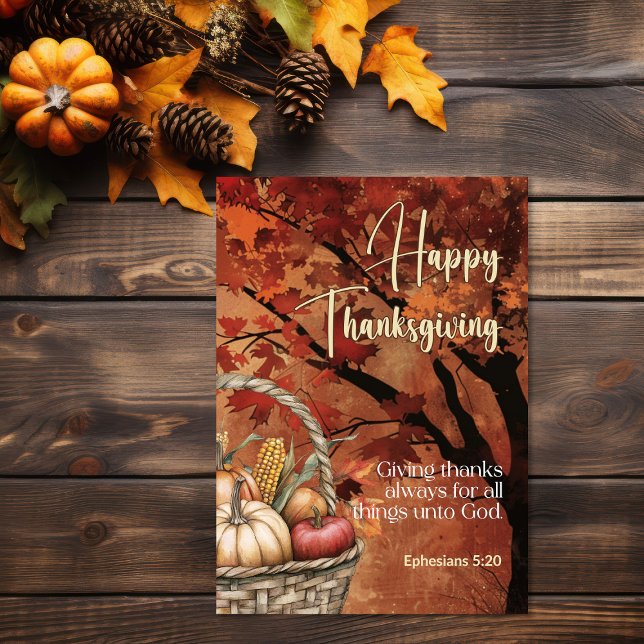 Tarjeta Canopy de hojas rojas Efesios 5:20 Feliz Día de Ac (Leafy canopy harvest Bible verse Thanksgiving Card)