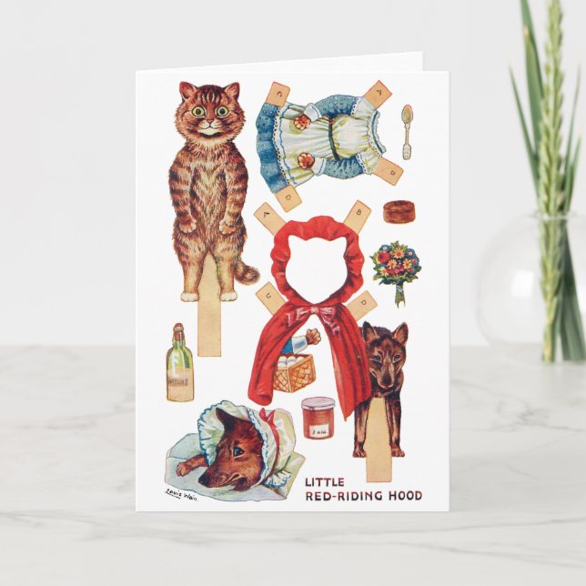 Tarjeta Caperucita Roja, muñeca de papel, Louis Wain (Anverso)