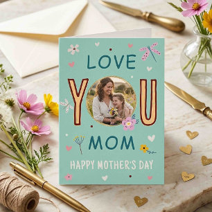 Tarjeta Caprichosa Foto en Azul Turquesa Te Amo Mamá Día d