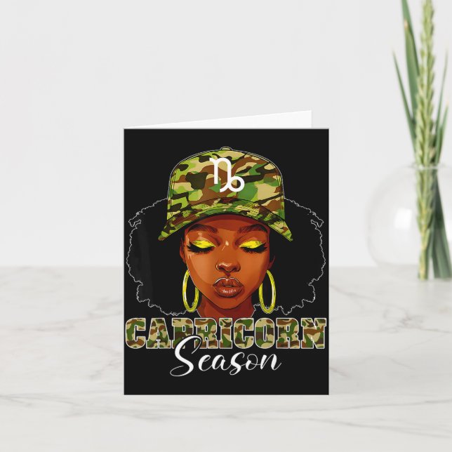 Tarjeta Capricorn Season Black Woman With Camo Hat Birthda (Anverso)