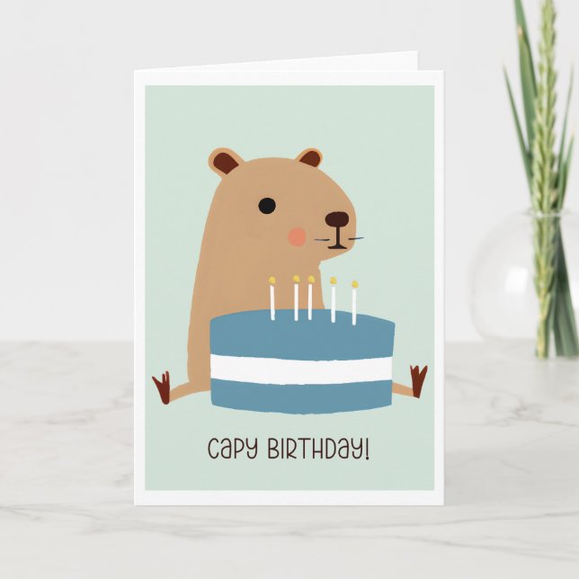 Tarjeta Capy Birthday Funny Punny Capybara y Cake (Anverso)