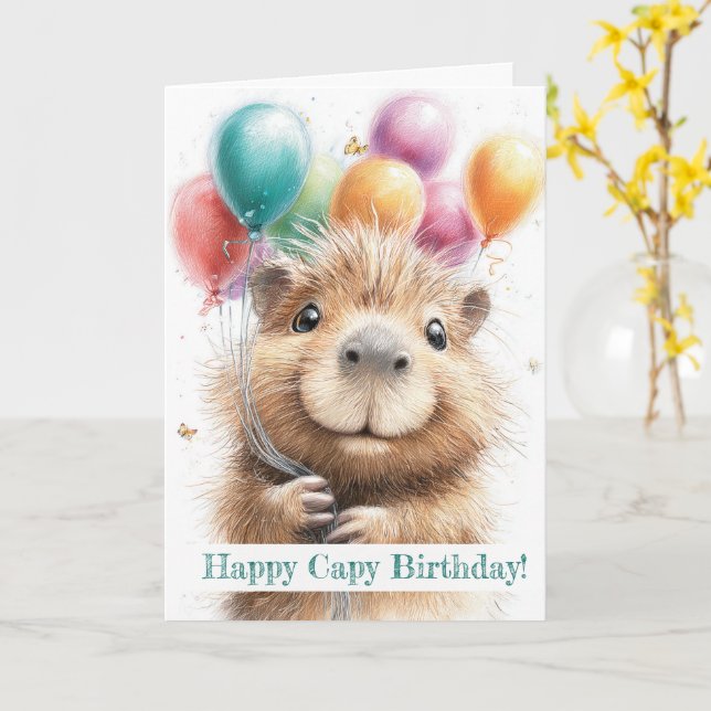 Tarjeta Capybara Birthday Card • Cute Balloon Design (flor amarilla)